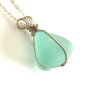 Aqua Sea Glass - Sterling Silver Wrap