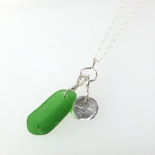 Load image into Gallery viewer, Emerald Green Seaglass &amp; Compass Necklace