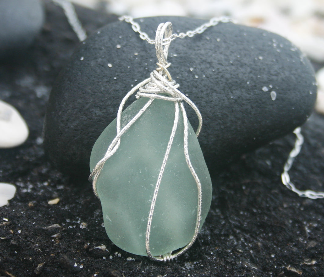 Large Aqua Sea Glass Sterling Silver Necklace