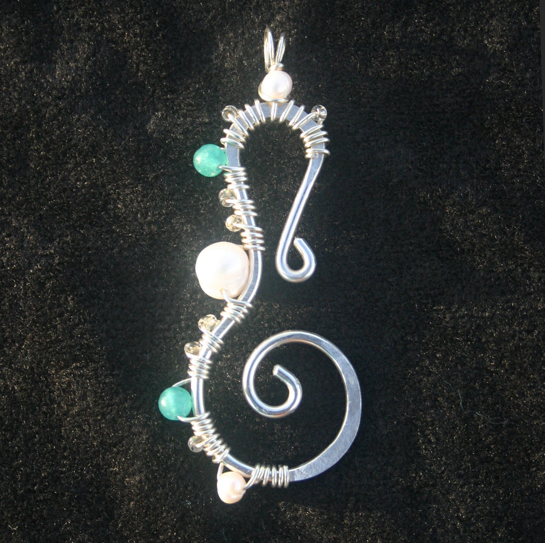 Sterling Silver Seahorse - Pearl and Aqua Apatite (Large)