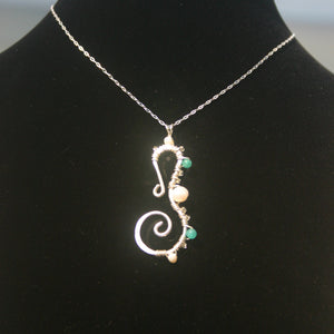 Sterling Silver Seahorse - Pearl and Aqua Apatite (Large)