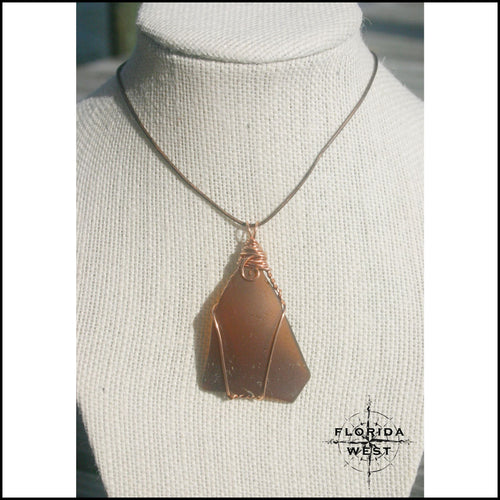 Large Brown Sea Glass - Copper Wire Wrap - Jewelry Hand Made