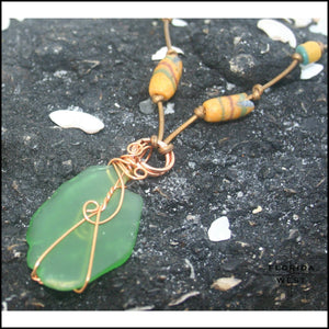 Sea Glass and Vintage African Krobo Trade Beads Necklace - Jewelry Hand Made