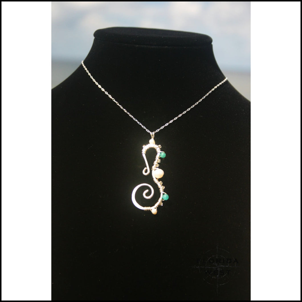 Seahorse Pendant - Large - Sterling Pearl and Apatite - Jewelry Hand Made